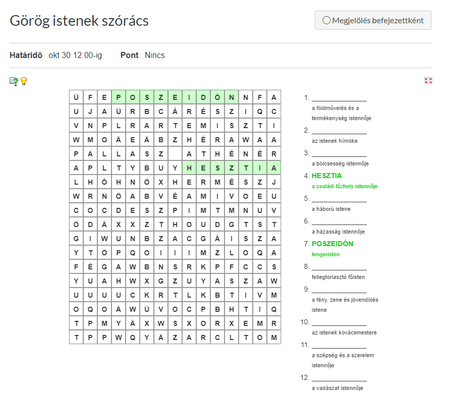 Learningapps oldallal létrehozott szórács 